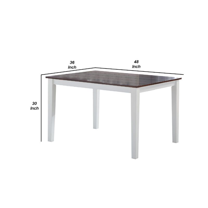 48 Inch Wood Dining Table, Plank Top, 4 Seater, White, Walnut Brown-Benzara