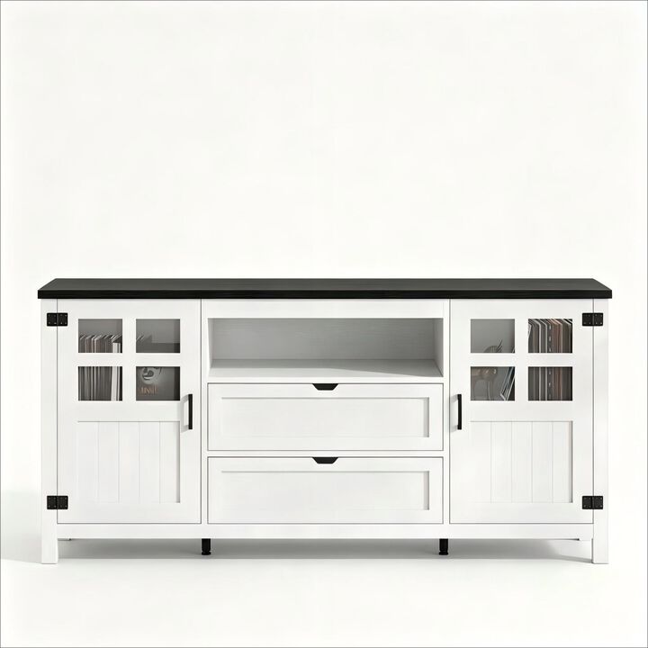 TV Stand for 65 70 75 Inch TVs, Entertainment Center with Adjustable Shelves, 2 Barn Doors and Drawers, Media Cabinet for Living Room, Bedroom