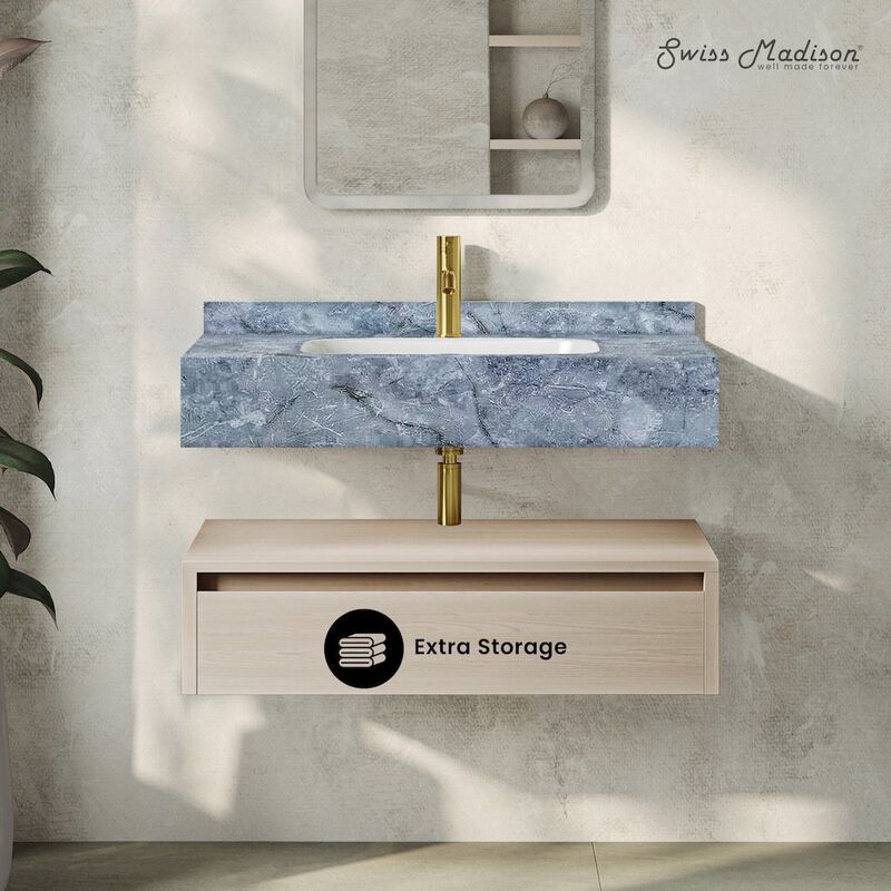 Avancer 36" Wall-Mounted Bathroom Vanity in White Oak with Blue Celeste Sink Top image number 1