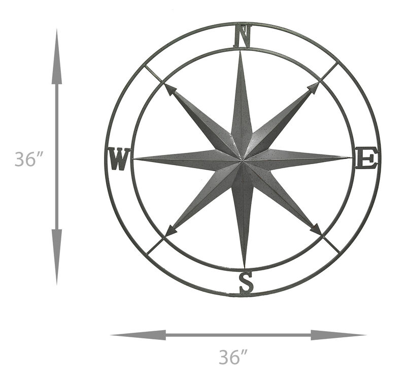 Galvanized Zinc Finish Metal Indoor/Outdoor Compass Rose Wall Hanging 36 in. image number 3