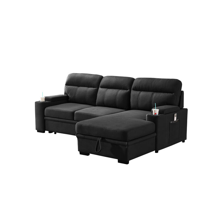Kaden Black Fabric Sleeper Sectional Sofa Chaise with Storage Arms and cup holder