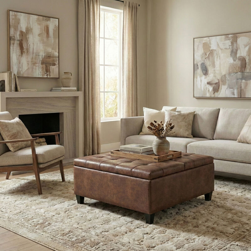 Harrison 36 inch Wide Transitional Square Coffee Table Storage Ottoman in Distressed Umber Brown Vegan Faux Leather, Assembled image number 9