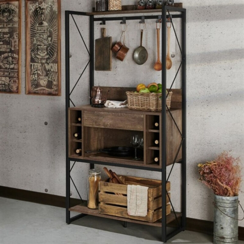 Farmhouse Iron Baker's Rack with Wine Storage – Rustic Kitchen Organizer with Shelves and Bottle Holder