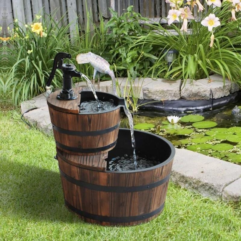 Outdoor 2-Tier Solid Wood Whiskey Barrel Waterfall Fountain with Electric Pump for Rustic Patio and Garden Décor