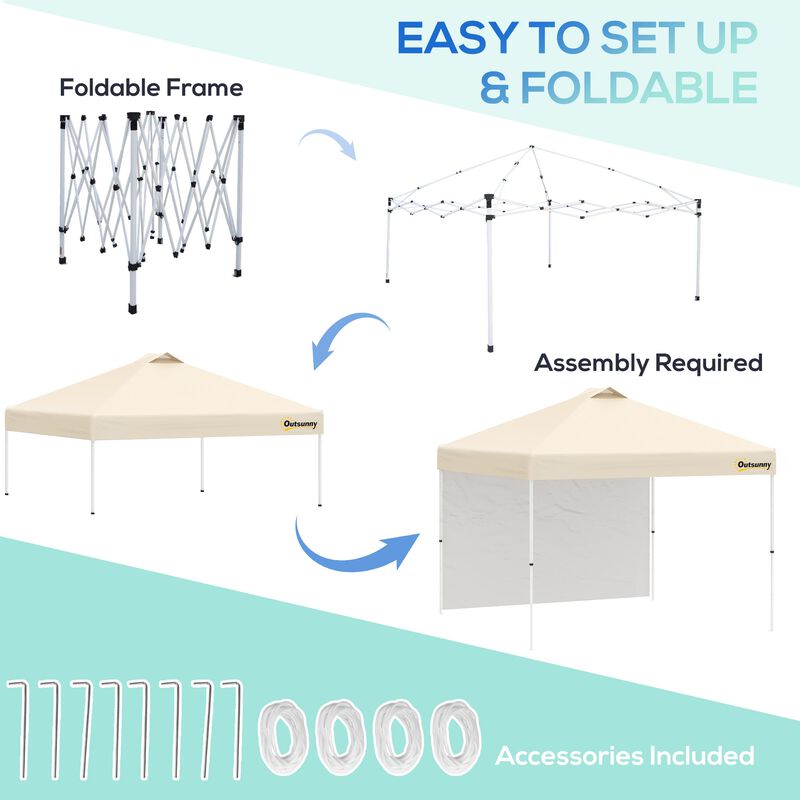 10' Pop Up Canopy Party Tent with 1 Sidewall, Rolling Carry Bag on Wheels, Adjustable Height, Folding Outdoor Shelter, Beige