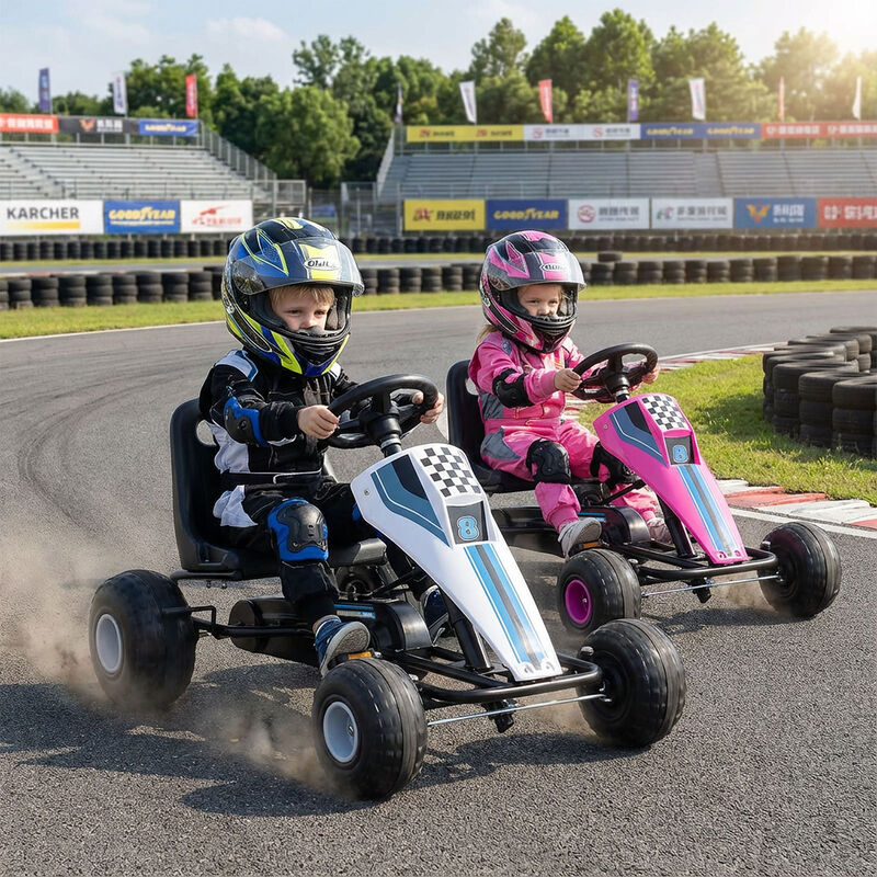 Kids 4 Wheel Pedal Go Kart with Steering Wheel and Safe Handbrake for Backyard image number 3