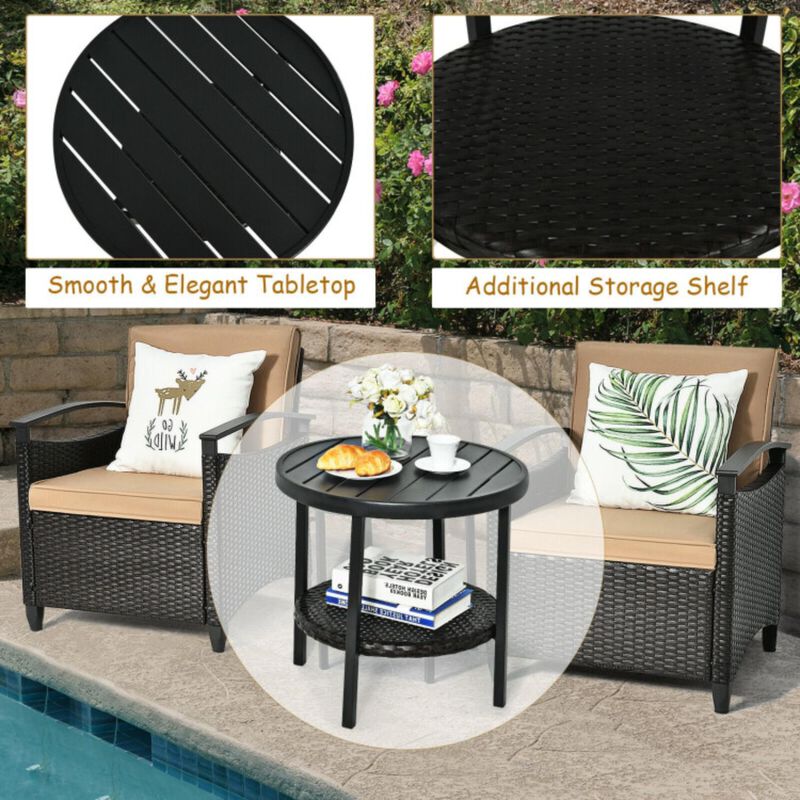 Hivvago 3 Pieces Patio Rattan Furniture Set Cushioned Sofa Storage Table with Shelf Garden
