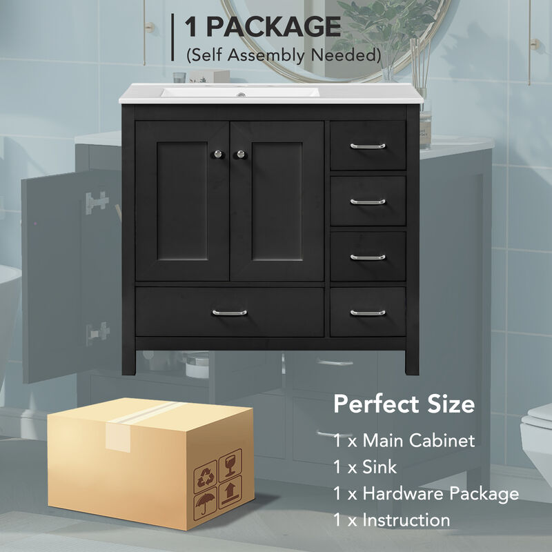 Merax Bathroom Vanity with Ceramic Sink  Freestanding Recessed  5 Drawers & 2 Soft-Close Doors Storage Cabinet Combo