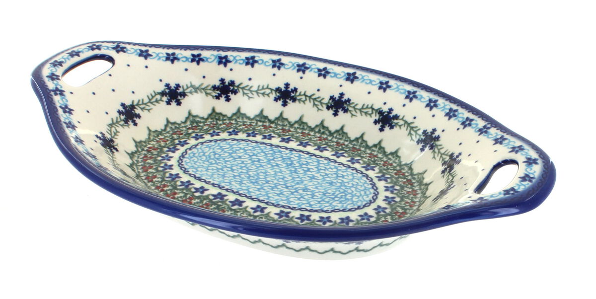 Blue Rose Polish Pottery Winter Celebration Bread Tray with Handles