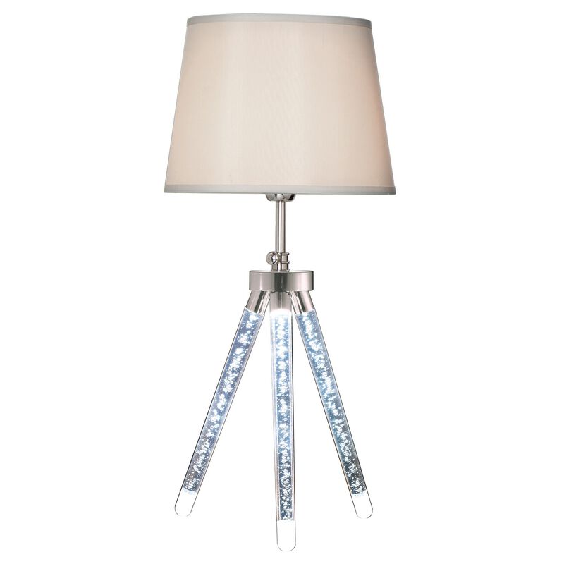 28 Inch Table Lamp, LED Tripod Base, Acrylic and Sand Chrome Finished Metal - Benzara