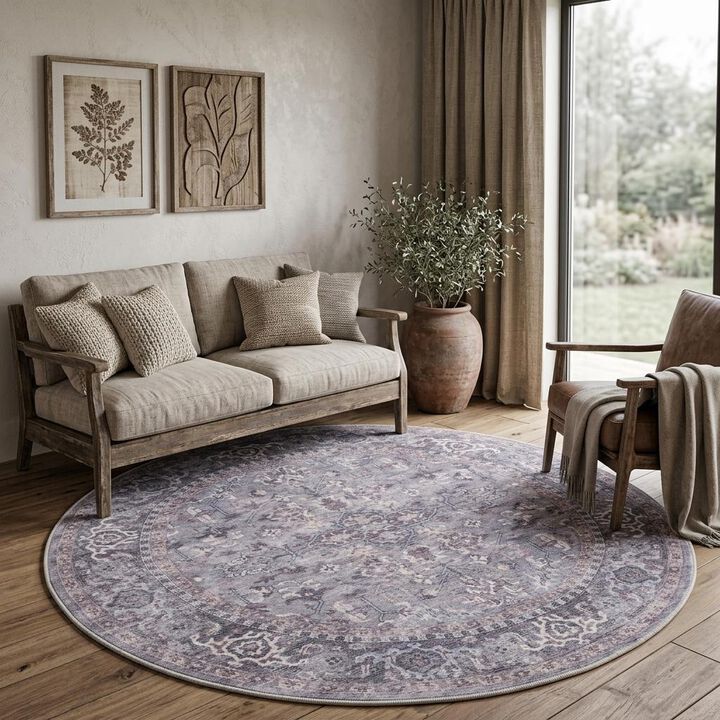 HomeRoots Round Floral Power Loom Distressed Area Rug
