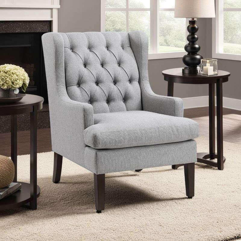Hosanna Accent Wing Armchair, Button Tufted Light Gray Polyester