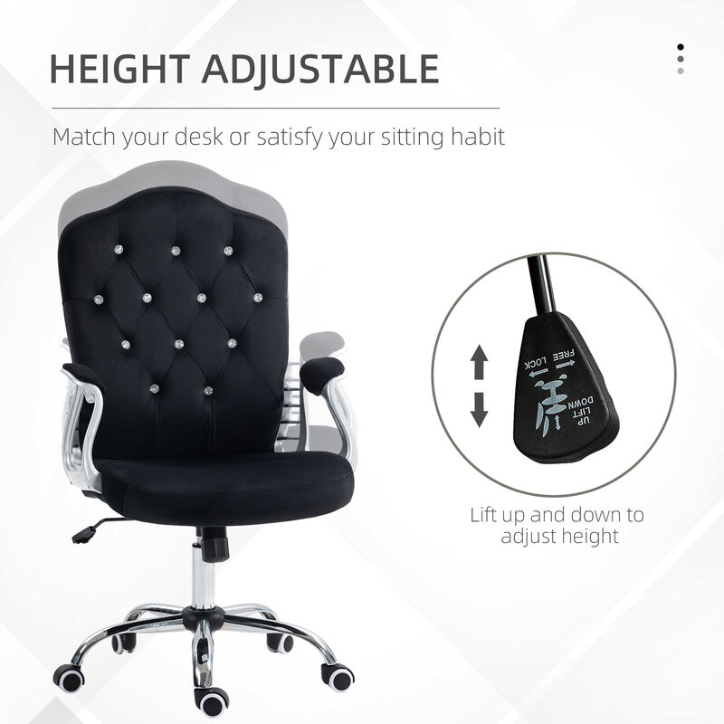 Vinsetto Home Office Chair, Velvet Computer Chair, Button Tufted Desk Chair with Swivel Wheels, Adjustable Height, and Tilt Function, Black