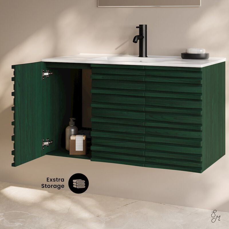 Cascade 36" Wall-Mounted Bathroom Vanity in Green Oak with Sink Top image number 2