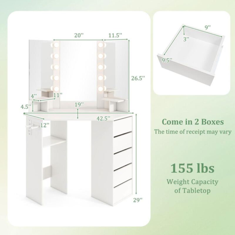 Hivvago Corner Vanity Desk with 3-Color LED Lighted Mirror and Power Outlet