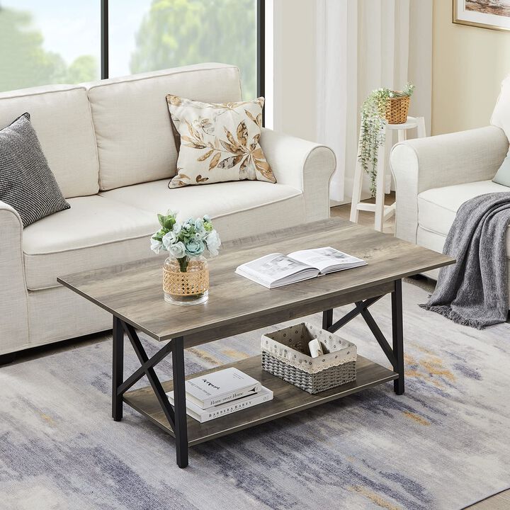 GreenForest Coffee Table Large 43.3 x 23.6 inch Rustic Farmhouse with Storage Shelf for Living Room, Easy Assembly, Grey WASH