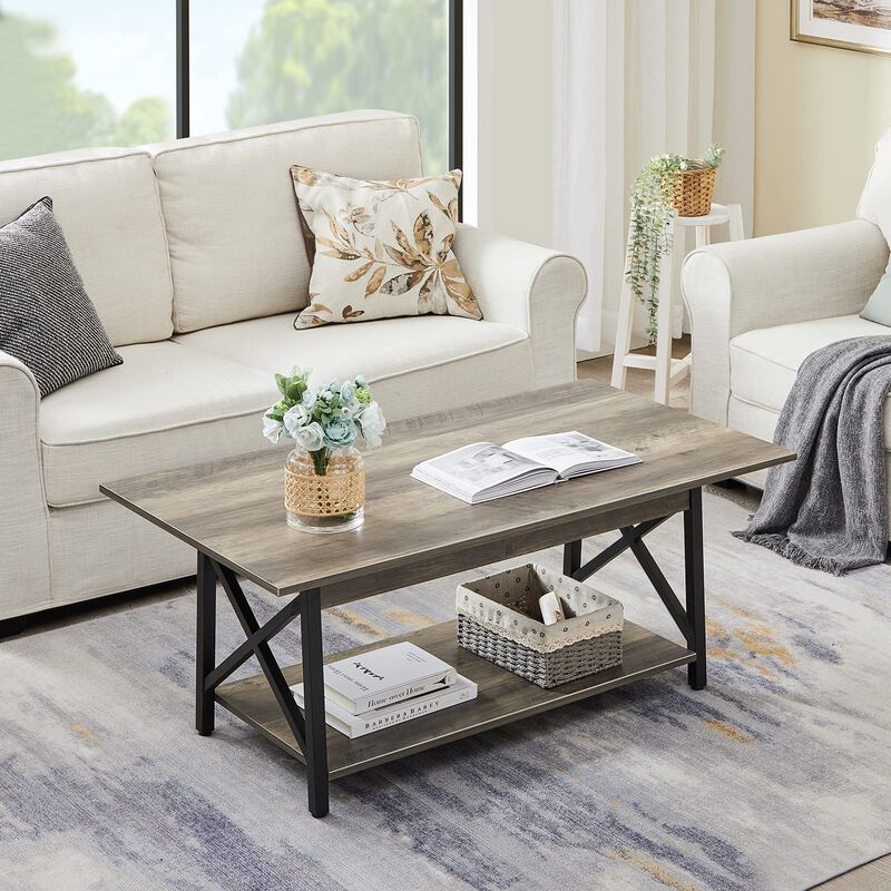 GreenForest Coffee Table Large 43.3 x 23.6 inch Rustic Farmhouse with Storage Shelf for Living Room, Easy Assembly, Grey WASH