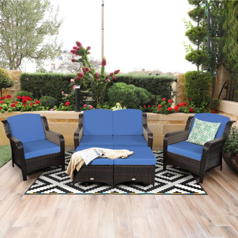 5 Pieces Patio Rattan Sofa Set with Cushion and Ottoman image number 2