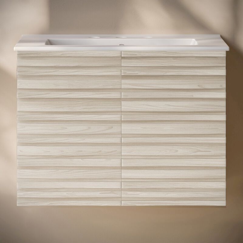 30" Wall-Mounted Bathroom Vanity in White Oak with 3-Hole Widespread Sink Top image number 4