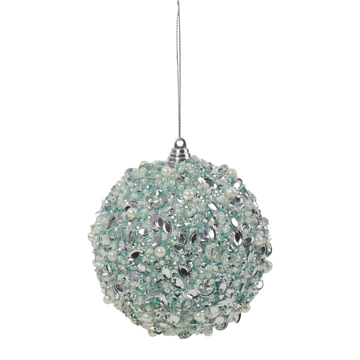 3.5" Green Glitter and White Beads Shatterproof Christmas Ball Ornament