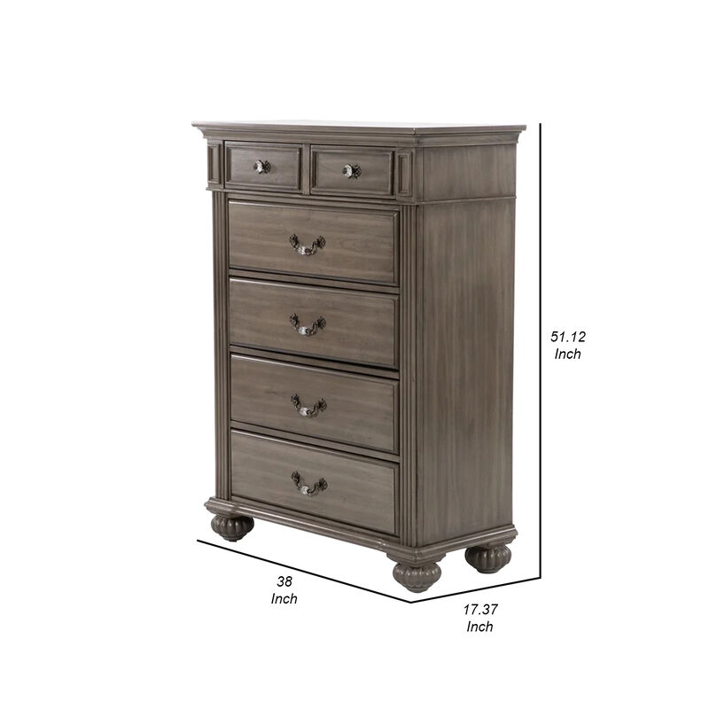 Recus Tall Dresser Chest, 6 Drawers w Brass Handles, Gray Solid Wood