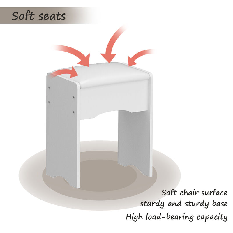 5-Drawers White Makeup Vanity Table Set with Stool Dressing Desk Vanity Wood with Round Mirror Storage Shelves