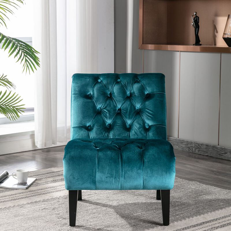 Modern Velvet Accent Chair, Armless Button Tufted Upholstered Barrel Chair with Wood Legs for Living Room, Bedroom, Office image number 2