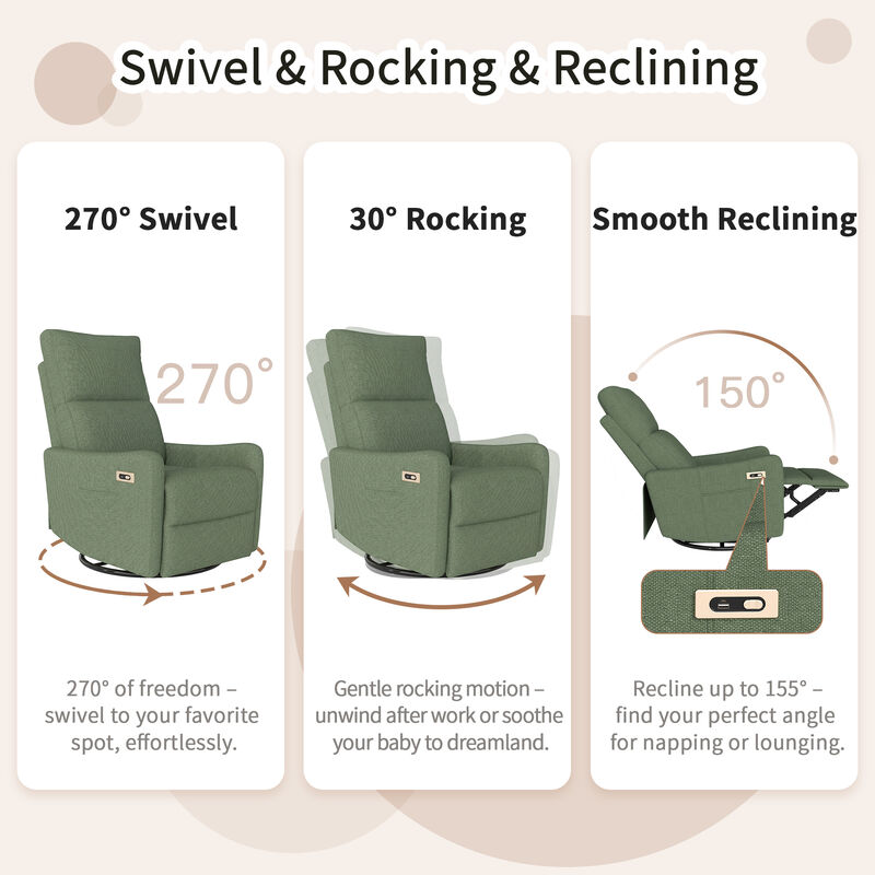 Power Swivel Recliner Rocking Chair,  270&deg; Swivel Rocker Chair, Upholstered Fabric Glider Recliner Nursery image number 5