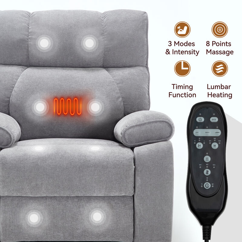Grey Heat Massage Dual Motor Infinite Position Up to 350 LBS Large Electric Power Lift Recliners with Hidden Cup Holders, Power-Remote, Medium-firm and Heavy Duty