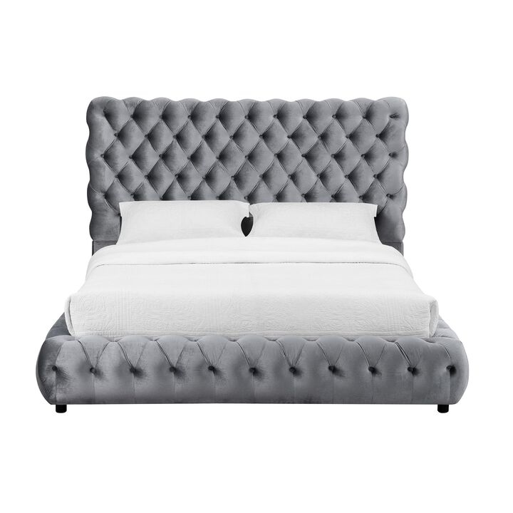 Benjara James Queen Size Bed, Platform Style, Button Tufted Gray Velvet Upholstery