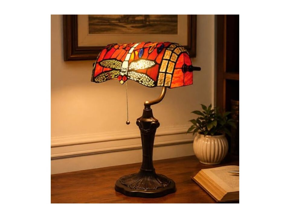 Tiffany Style Stained Glass Dragonfly Table Lamp For Office Red