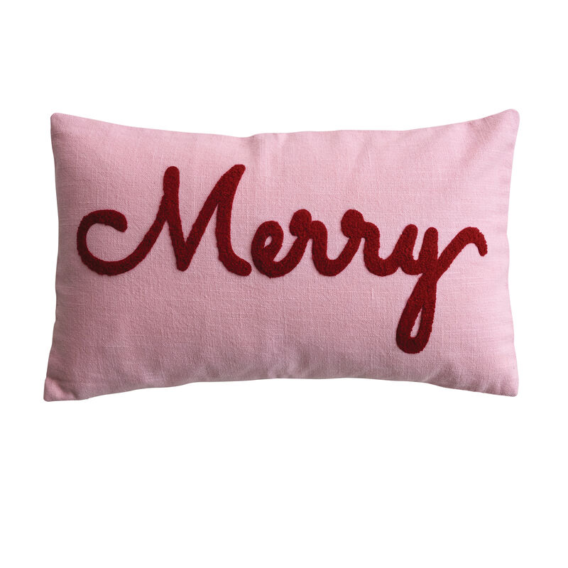 Embroidered Cotton Slub Lumbar Pillow, Merry Script image number 0