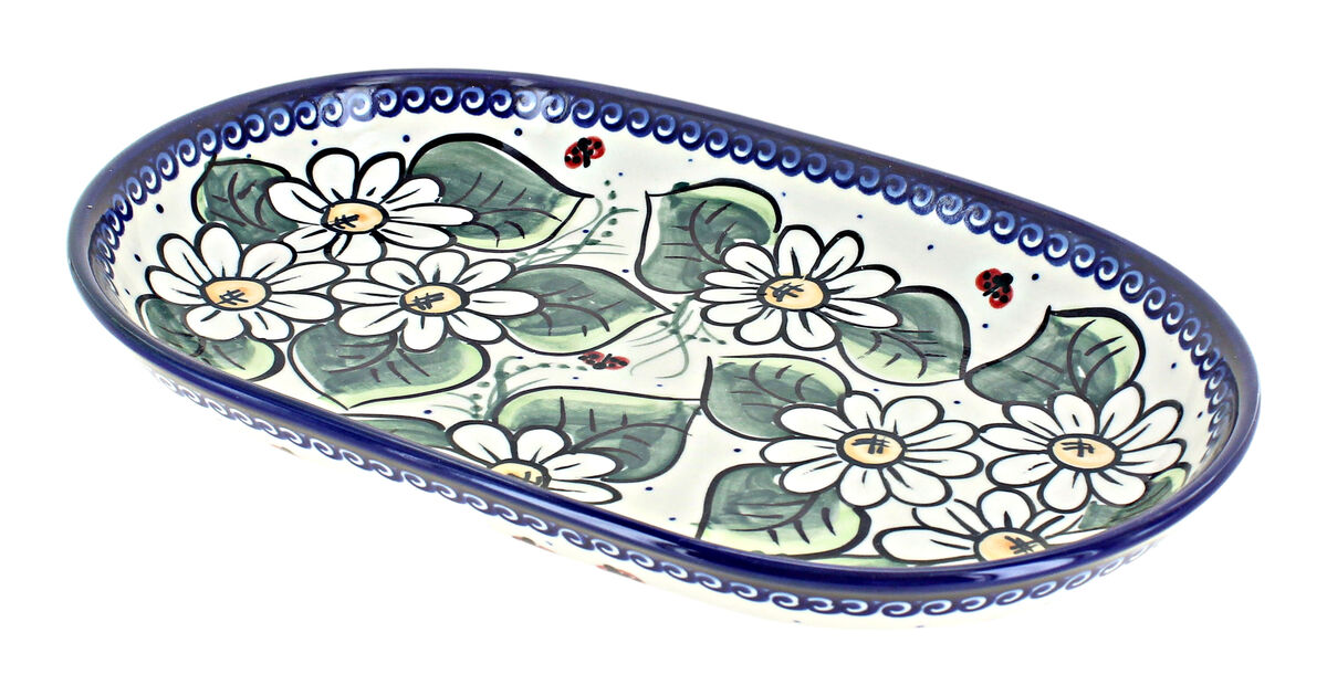 Blue Rose Polish Pottery Holiday Pine Medium Oval Dish