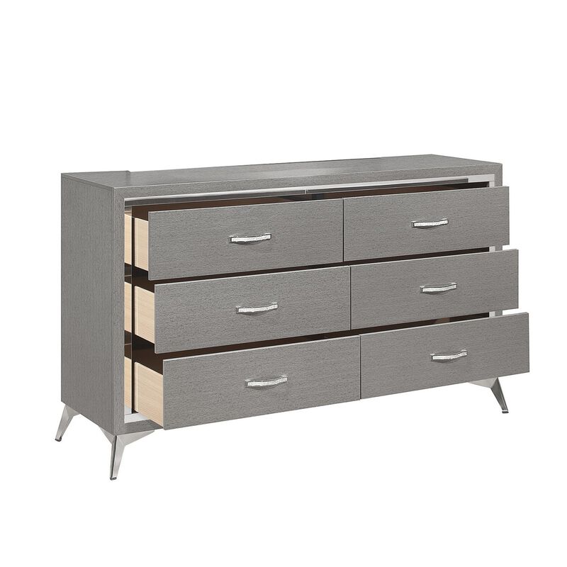 Benjara Sami 58 Inch Wide Dresser, 6 Drawers, Mirror Trim, Embossed Texture, Gray, Chrome