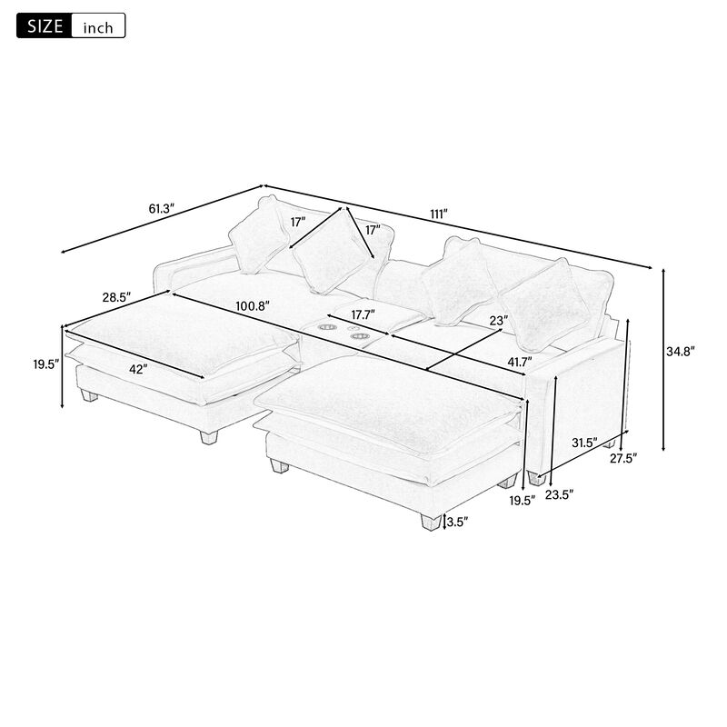 Merax Sectional Sofa Chenille Upholstered Sofa with Two Removable Ottoman