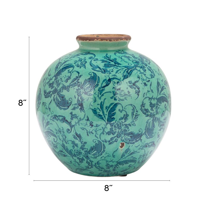 Round Decorative Terracotta Vase with Transferware Pattern, Aqua image number 2