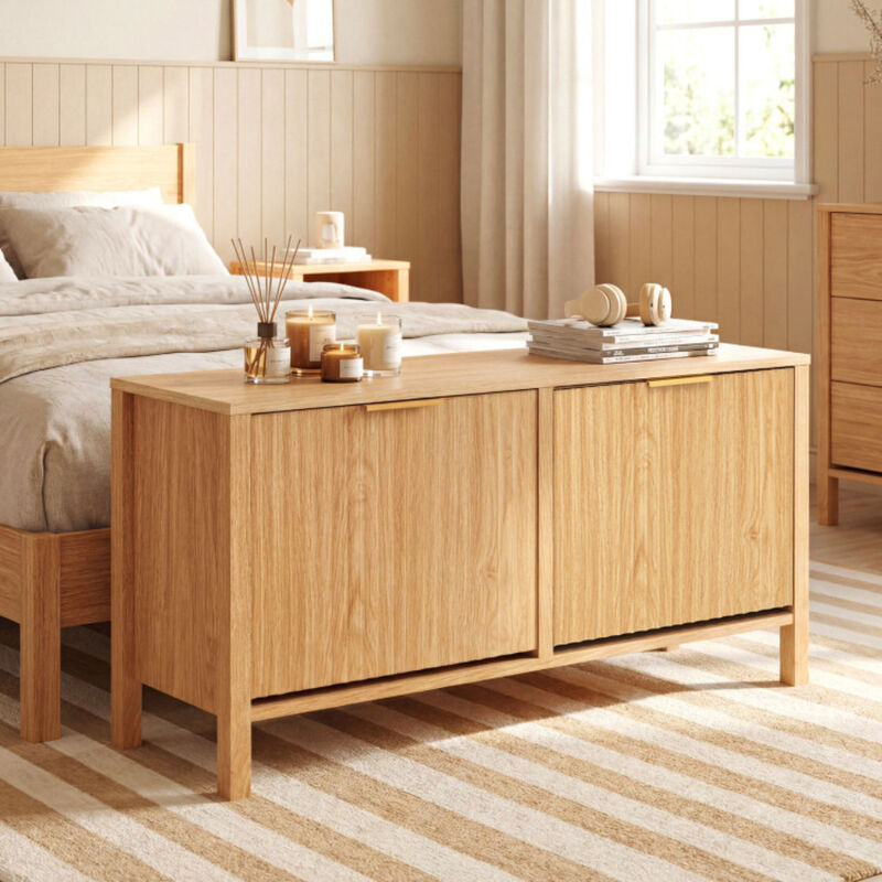 Entryway Shoe Storage Bench with 2 Flip Drawers &ndash; Narrow Wooden Design image number 5