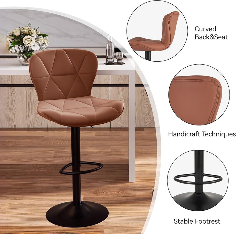 Faux Leather Swivel Bar Stools Set of 2, Adjustable Counter Height Kitchen Chairs, Iron Frame High Backrest 360&deg; Barstools for Kitchen Counter, Outdoor image number 3