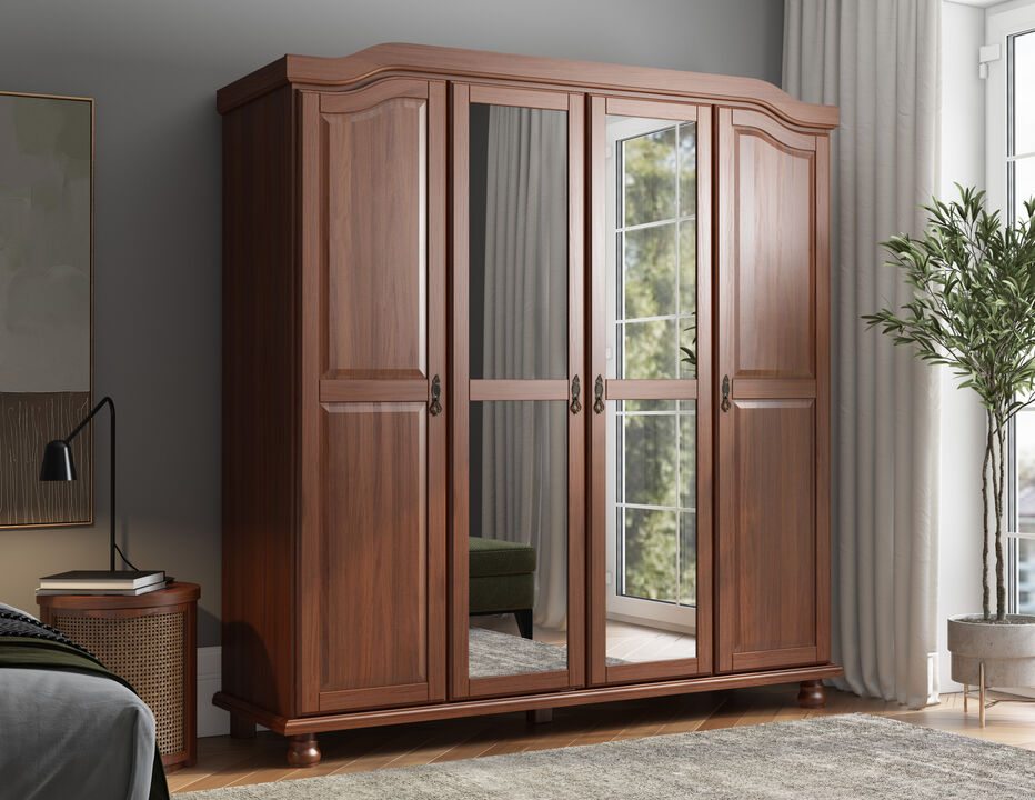 100% Solid Wood Kyle 4-Door Wardrobe with Mirrored Doors in Mocha