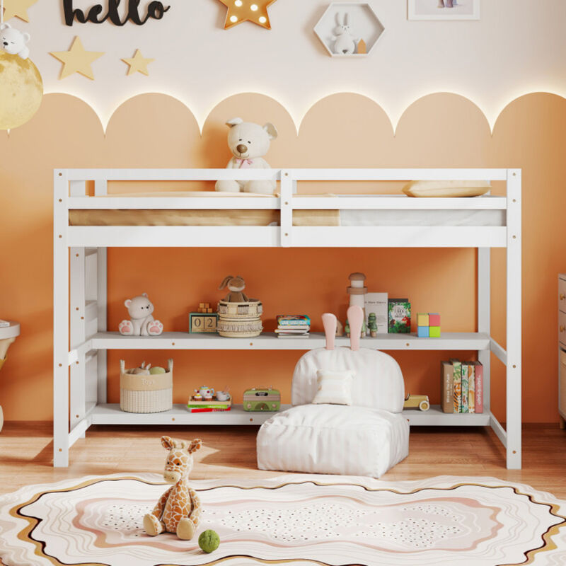 Loft Bed with Storage Shelves, Full-Length Guardrails, and Built-In Ladder
