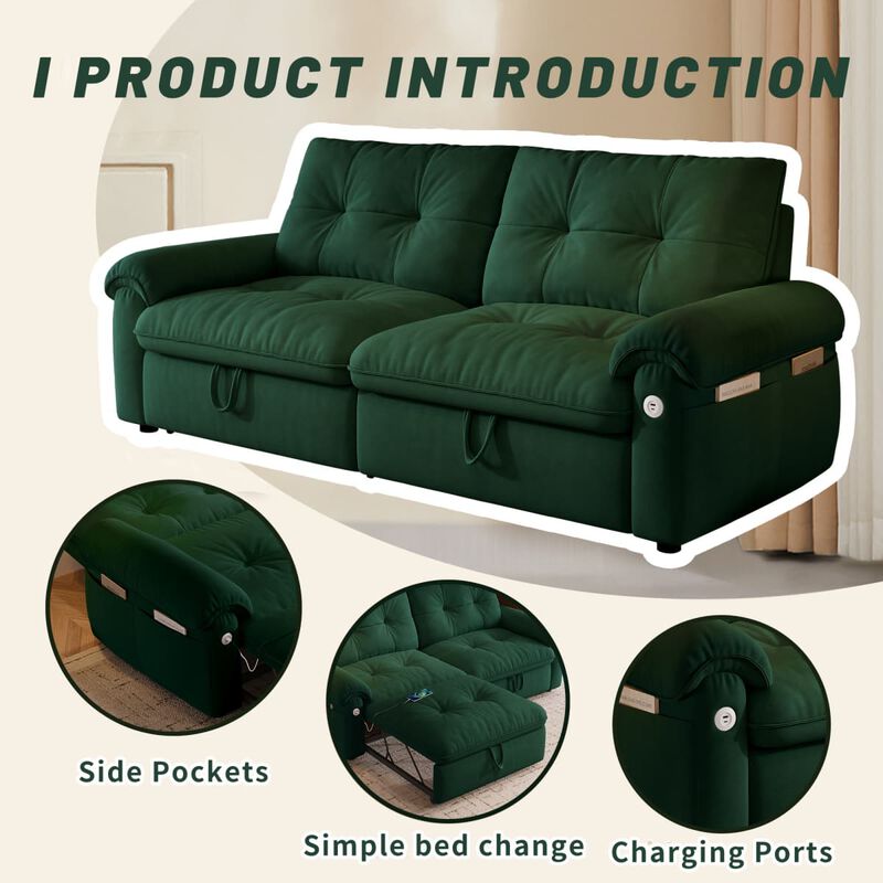 77 inch Convertible sleeper sofa bed, Plush fabric loveseat futon with USB ports and side pockets, sofa bed for small apartments image number 6