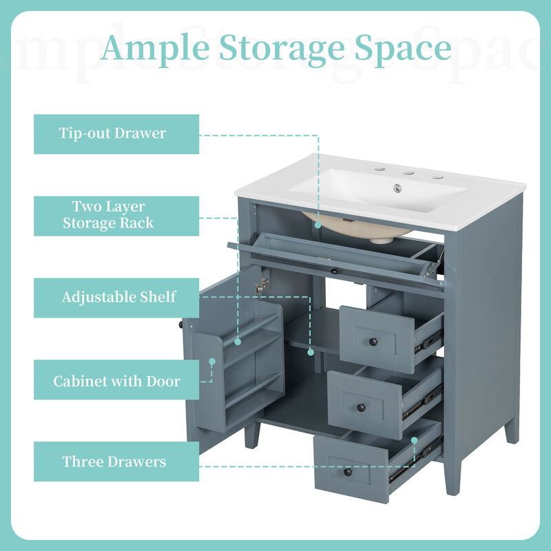 Merax Bathroom Storage Vanity with Left Adjustable Shelving Cabinet & 3 Right Smooth-Glide Drawers image number 5