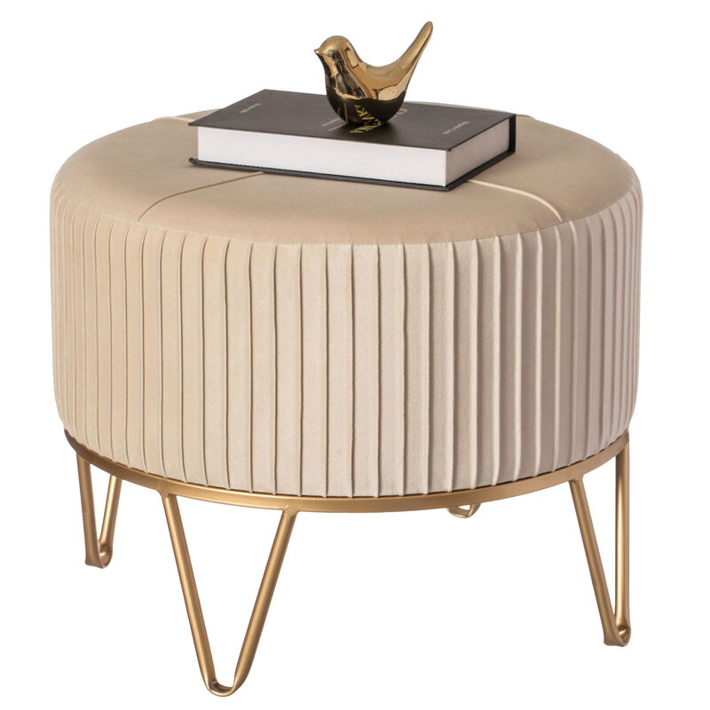 Round Velvet Ottoman Stool Raised with Hairpin Gold Base, Cream, Medium