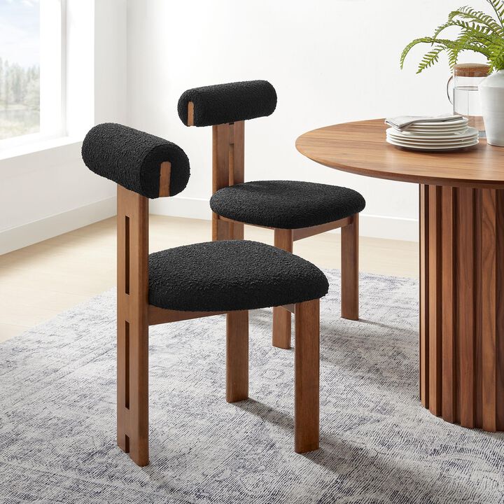 Modway Torian Upholstered Boucle Dining Chairs Set of 2 in Walnut Black - 3-Legged Farmhouse Kitchen Chairs - Mid-Century Modern Armless Accent Chairs - Comfortable Side Chairs with Wood Legs