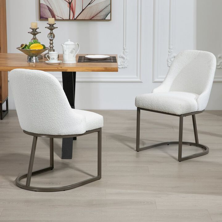 Glamour Home Set of 2 Ayane White Boucle Fabric Dining Chair with Iron Legs
