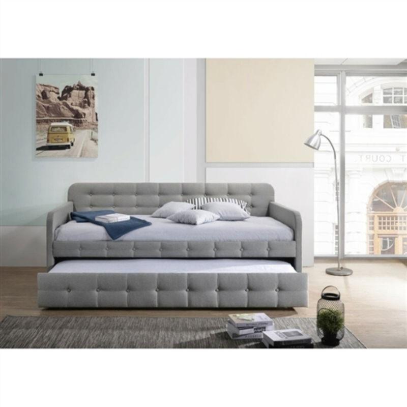 Tufted Daybed with Pull-Out Trundle – Polyester Linen Bed for Bedroom