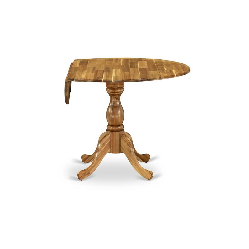 Round Modern Dining Table Natural Acacia Color Table Top Surface and Asian Wood Modern Dining Table Pedestal Legs -Natural Acacia Finish
