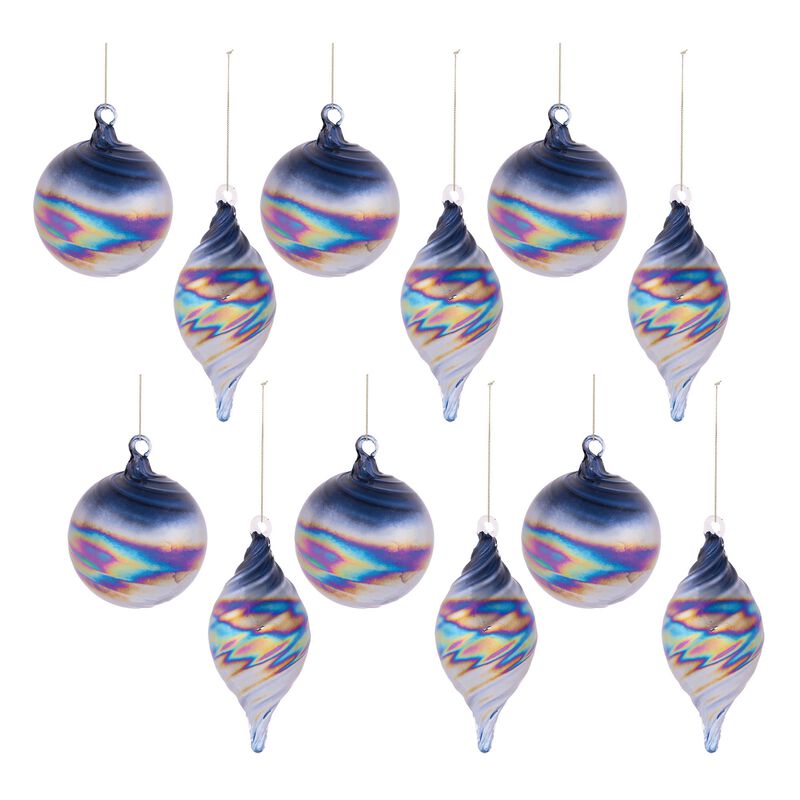 Set of 12 Iridescent Glass Ornaments &ndash; Swirl Patterned Christmas Tree Decorations for Elegant & Contemporary Holiday Styling