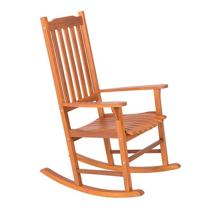 33 Inch Outdoor Rocking Chair, Natural Brown Wood, Slatted, Wide Armrests - Benzara