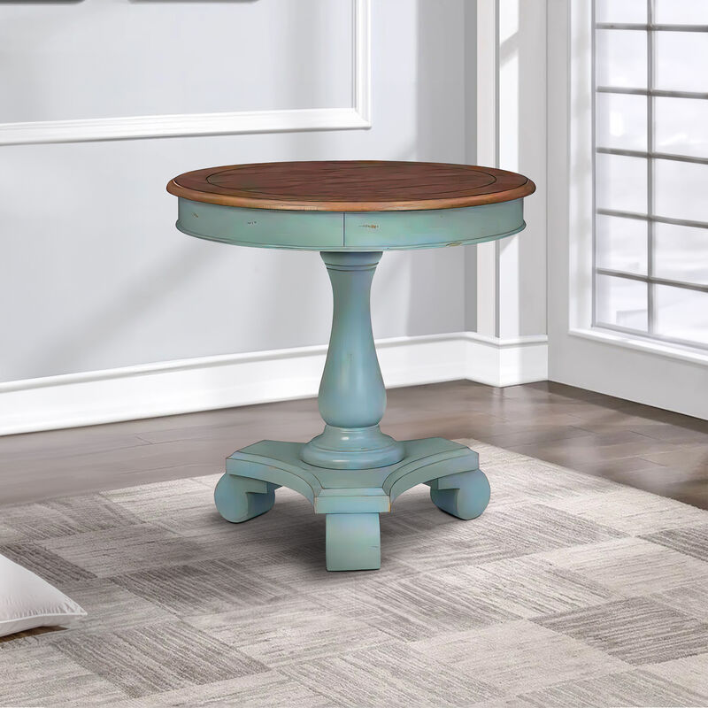 Wooden Accent Table with Round Tabletop, Teal Blue and Brown - Benzara